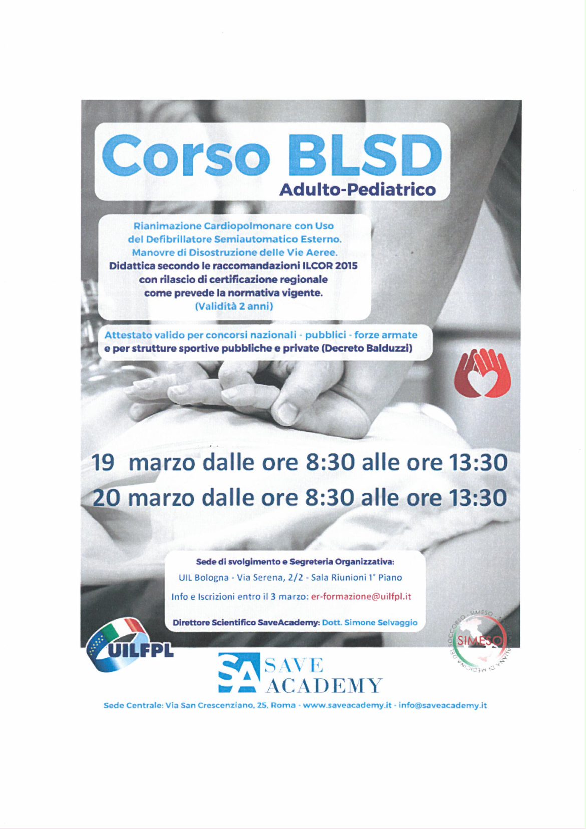 Uil Fpl (Bo): 19 e 20 marzo, corso Blsd adulto-pediatrico