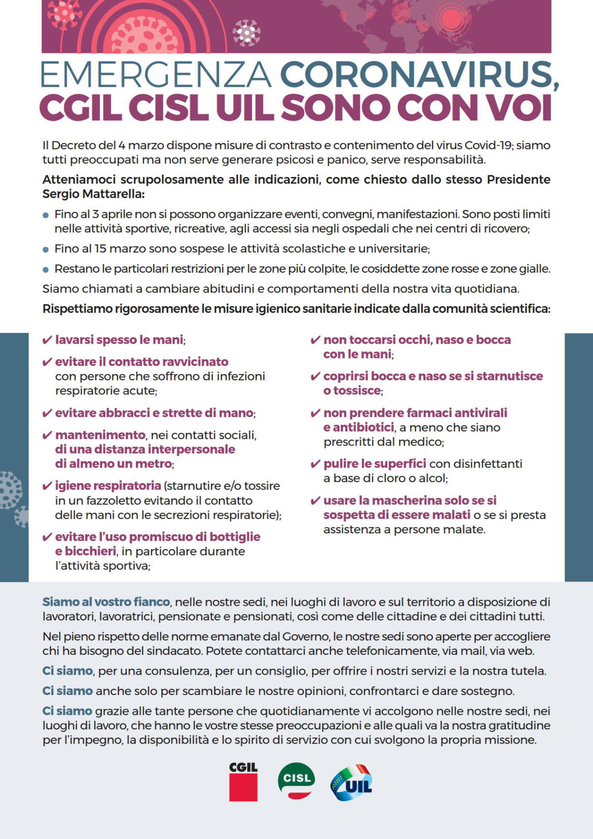Cgil-Cisl-Uil: emergenza Coronavirus