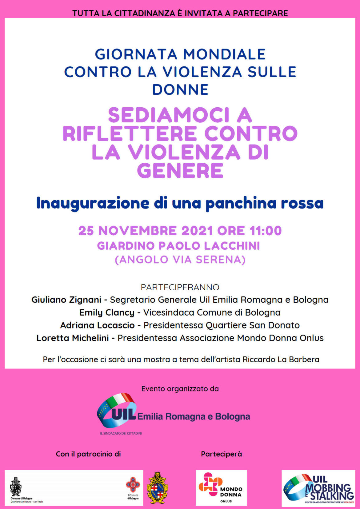 Uil (ER), 25 novembre: inaugurazione panchina rossa contro la violenza alle donne