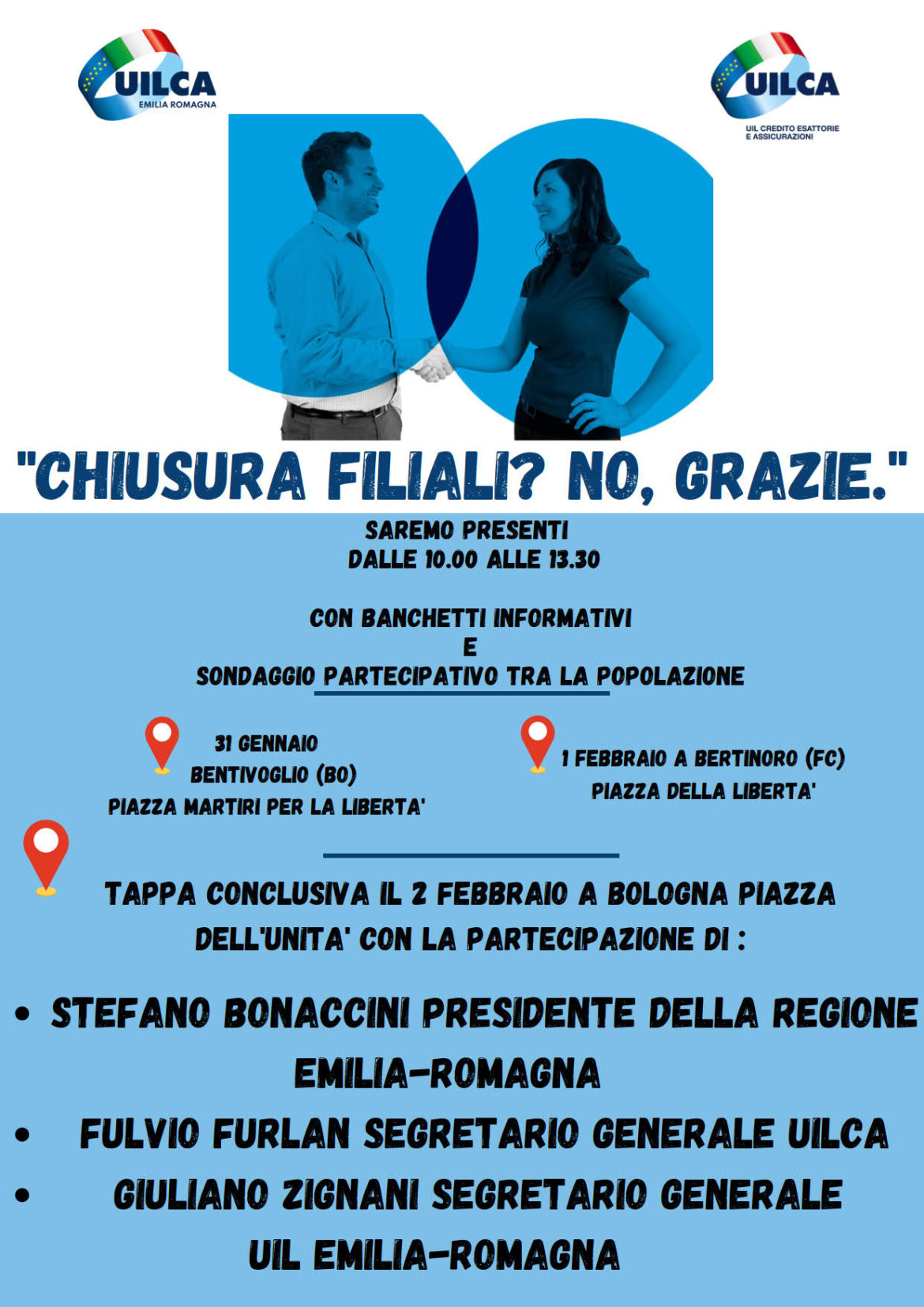 Uilca: “Chiusura filiali? No, grazie”, parte l’on the road Uilca. In Emilia Romagna, tappe a Bologna, Bentivoglio (Bo) e Bertinoro (FC)