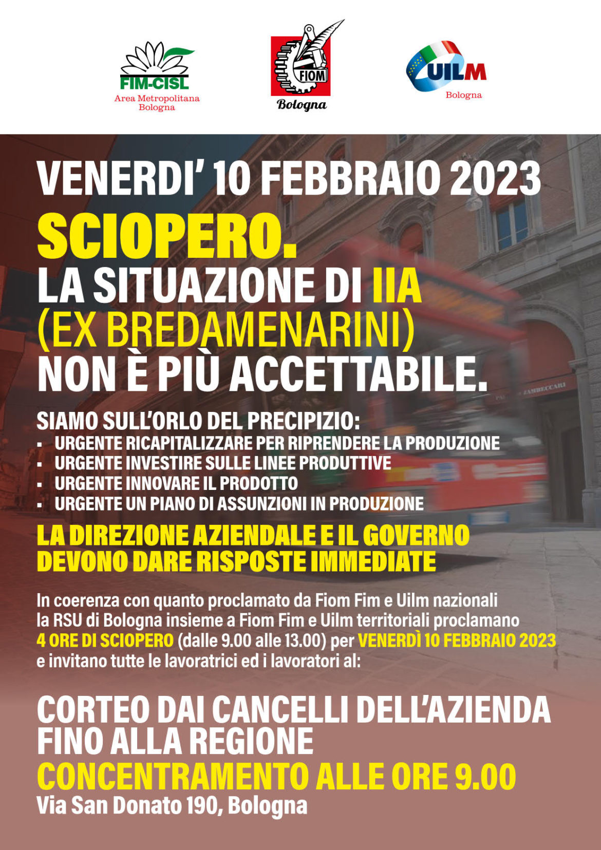 Uilm (Bo): IIA, sciopero di quattro ore venerdì 10