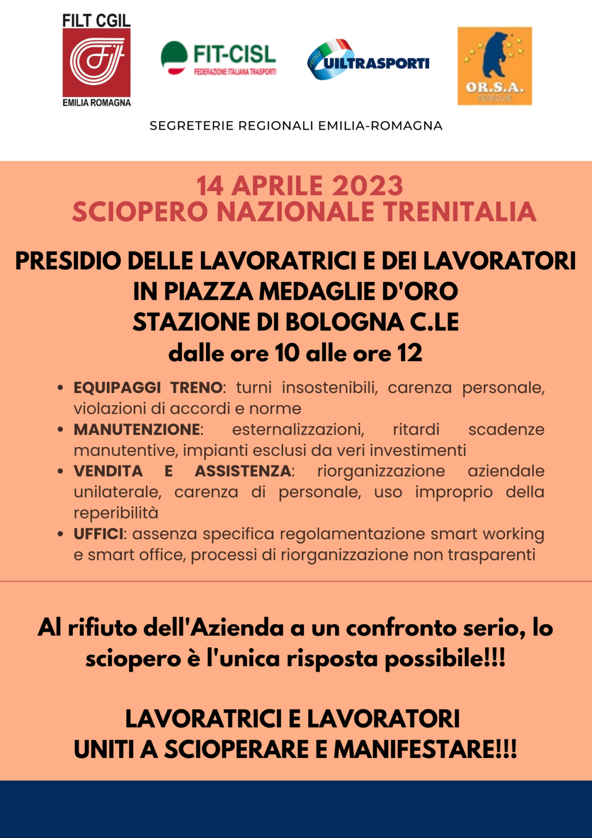 Uiltrasporti (ER): Trenitalia, sciopero nazionale con presidio il 14 aprile dalle 10 alle 12 in stazione a Bologna