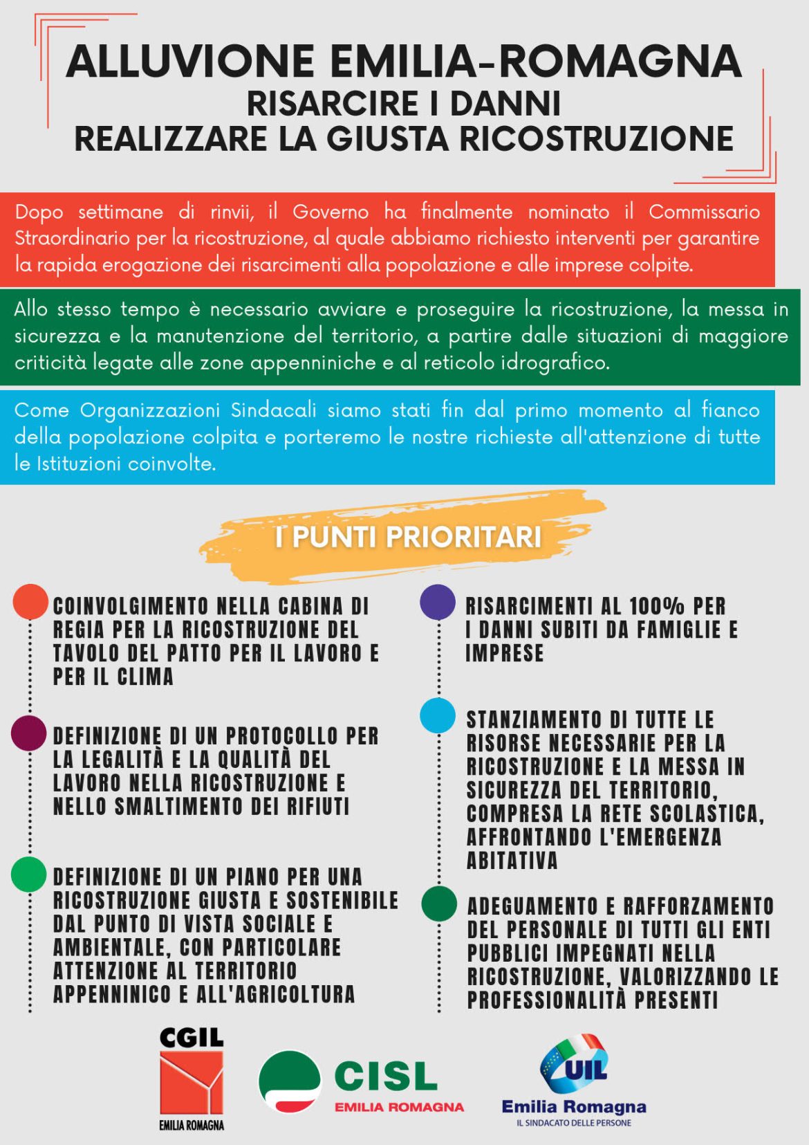 Alluvione ER: le richieste di Cgil-Cisl-Uil ER per la ricostruzione