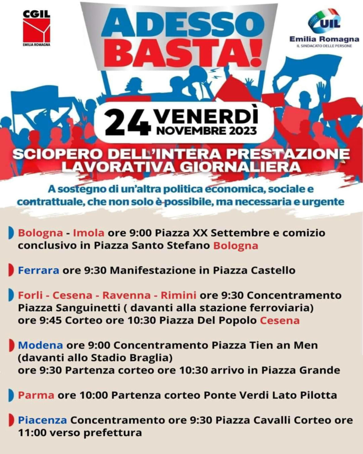 Sciopero generale 24 novembre: qui le piazze in ER